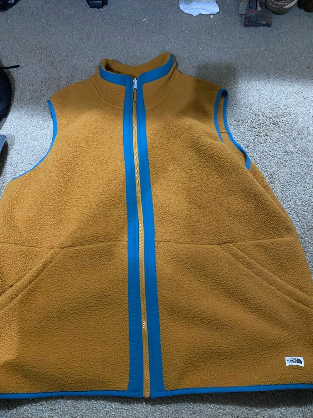 The North Face Mustard Fleece Vest with Blue Trim